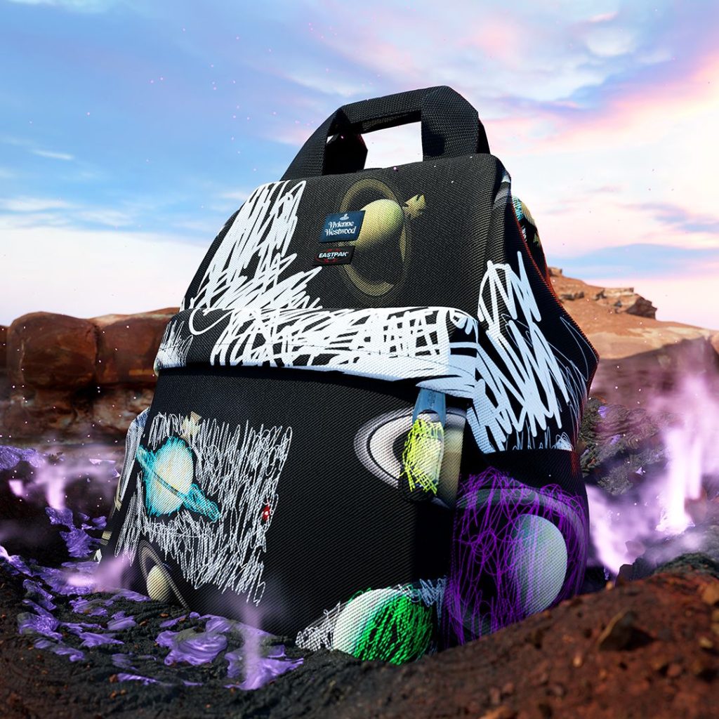 A black Eastpak backpack with the Vivenne Westwood planets print. 